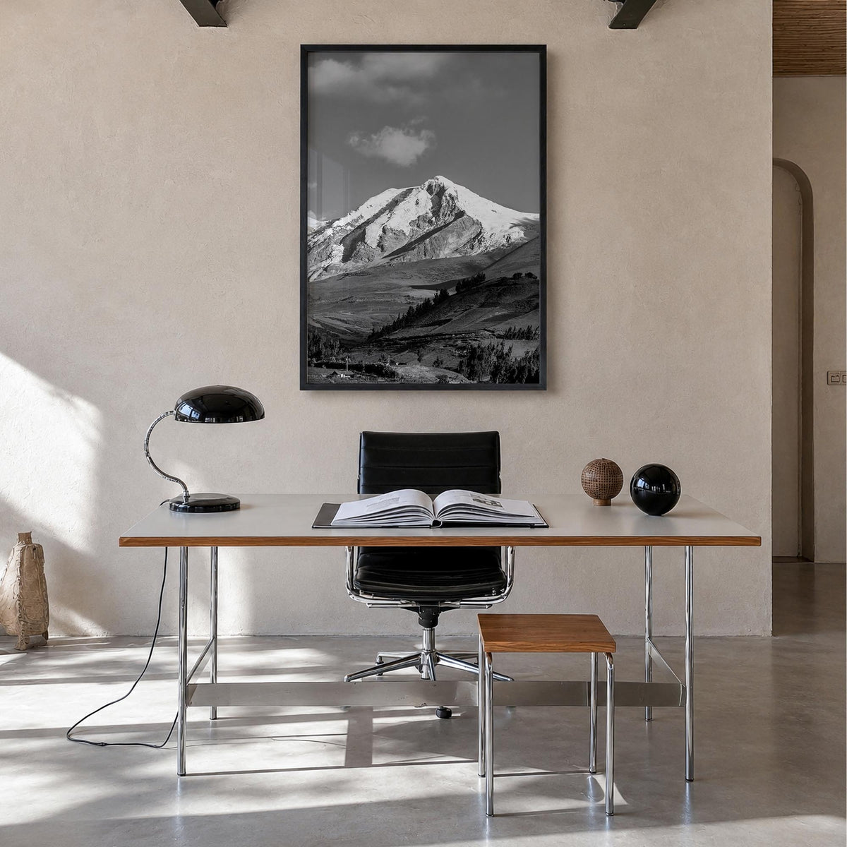Ecuador black & white photo poster of South America – vertical wall art in black wood frame, hanging on wall