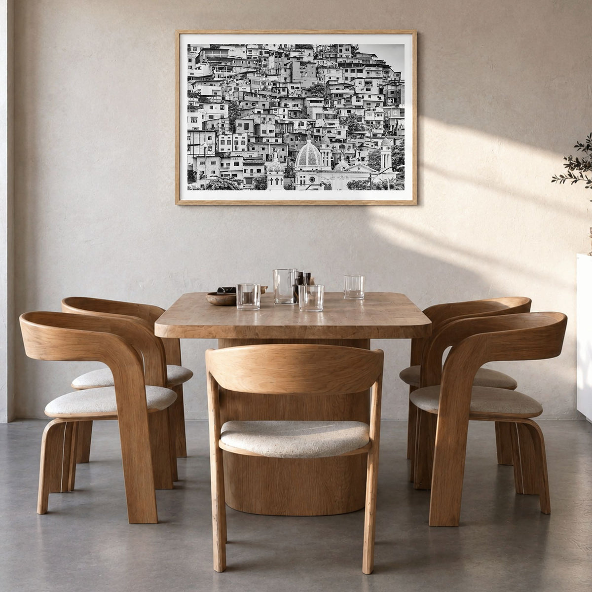 Ecuador Photo Poster in a natural wood frame, hanging in a dining room, white border