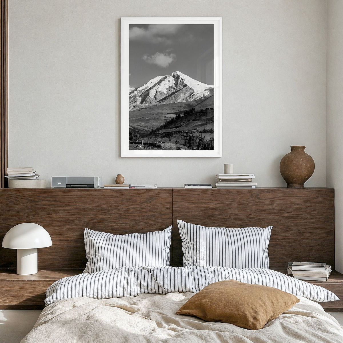 Ecuador Photo Poster in a white wood frame, hanging in a bedroom, white border