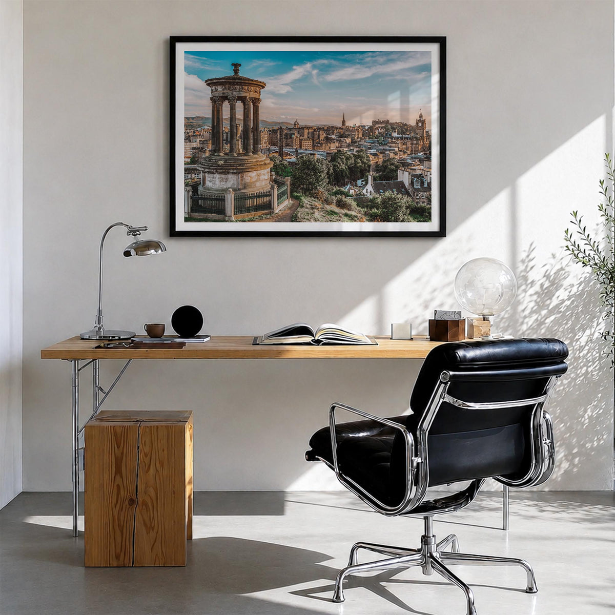 Edinburgh colorful photo poster of Scotland, UK – horizontal wall art in black wood frame with white border, hanging on wall