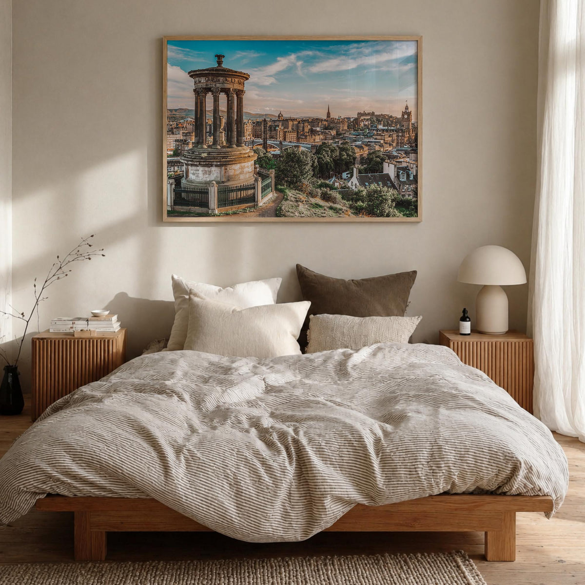 Edinburgh colorful photo poster of Scotland, UK – horizontal wall art in natural wood frame, hanging on wall