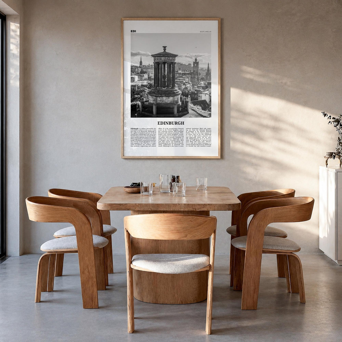 Edinburgh no. 1 black & white newspaper poster of Scotland, UK – vertical wall art in natural wood frame, hanging on wall