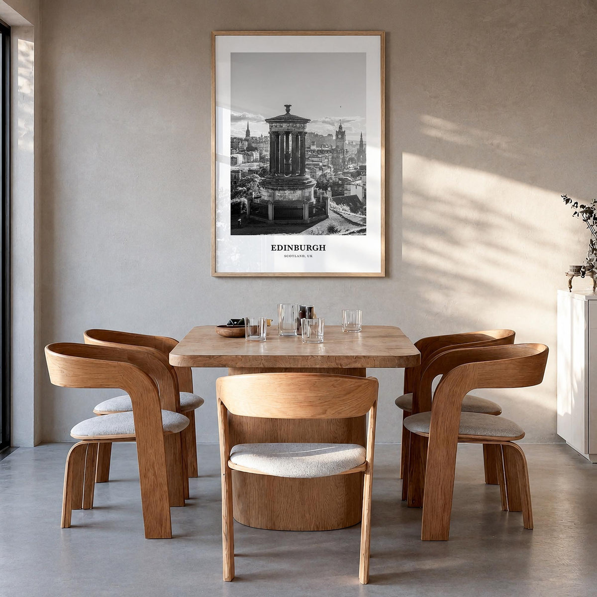 Edinburgh no. 2 black & white classic poster of Scotland, UK – vertical wall art in natural wood frame, hanging on wall