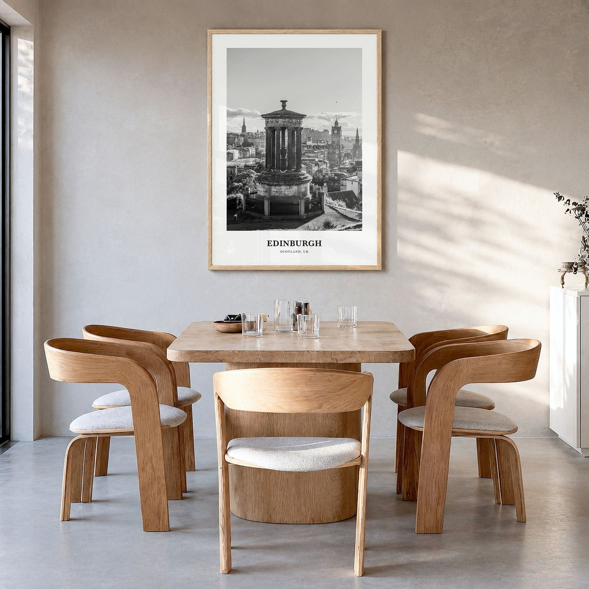 Edinburgh Classic No 2 Poster in a natural wood frame, hanging in a dining room