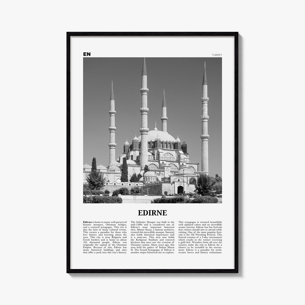 Edirne black & white newspaper poster of Türkiye – vertical wall art, unframed print shown in interior mockup