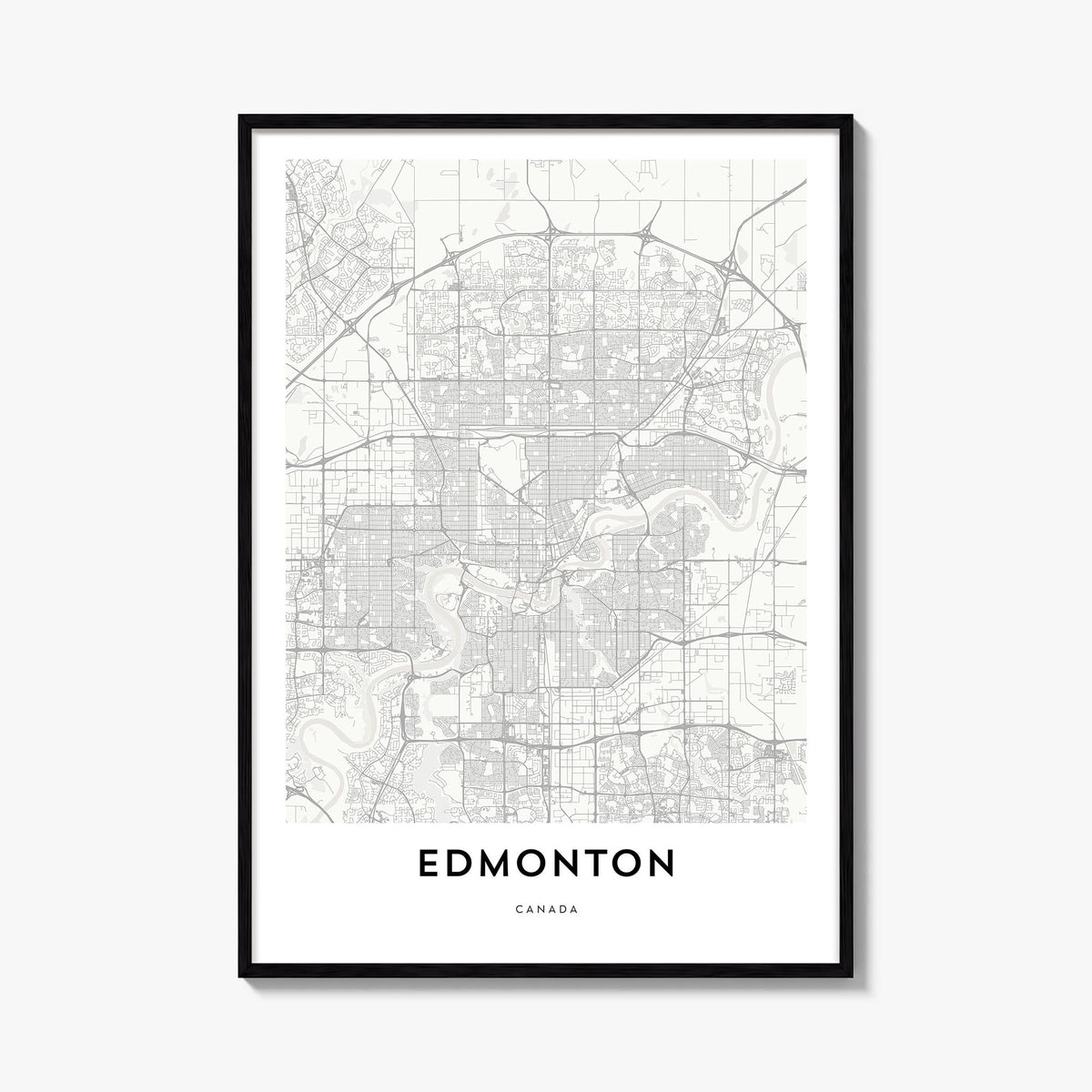 Edmonton black & white map poster of Alberta, Canada – vertical wall art, unframed print shown in interior mockup