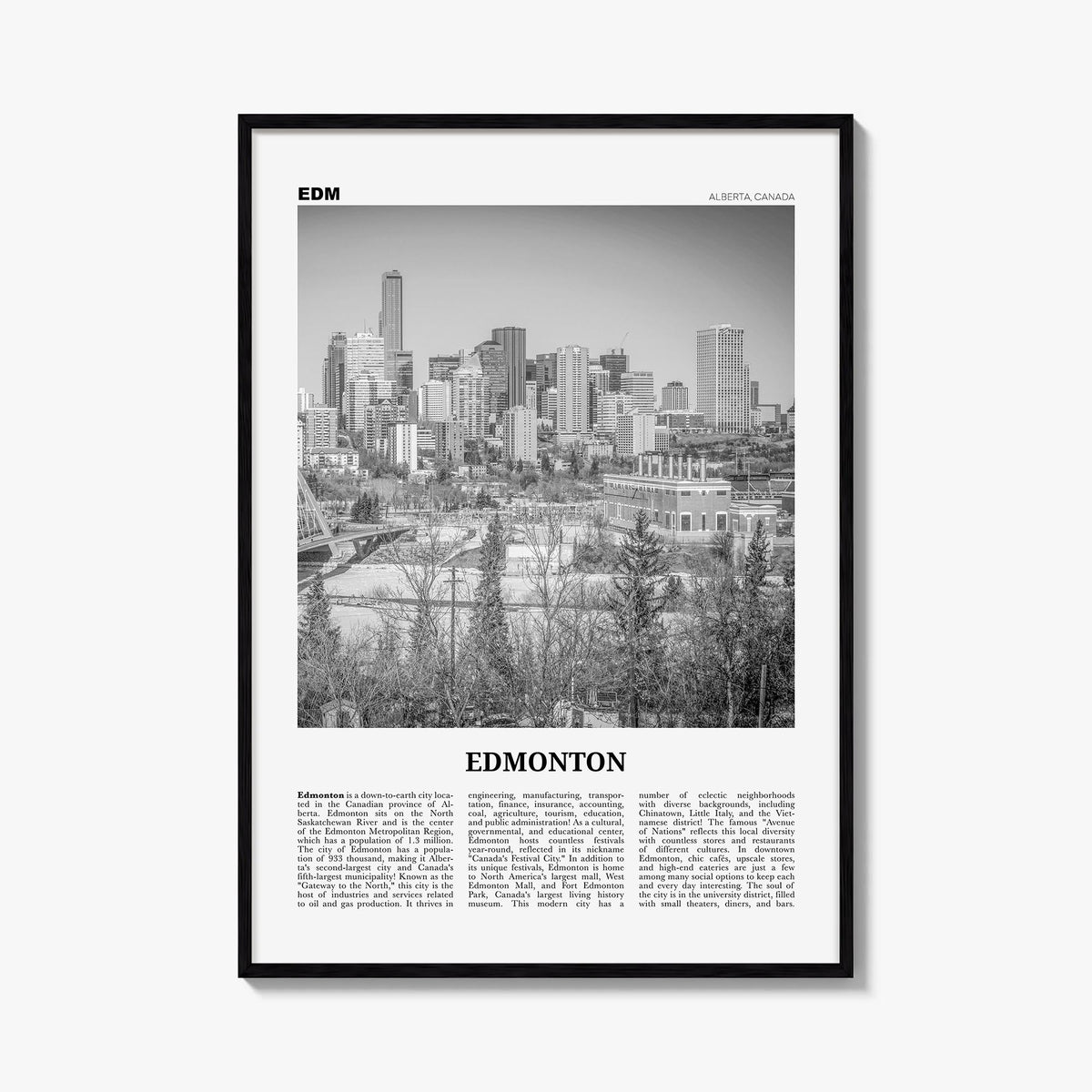 Edmonton no. 2 black & white newspaper poster of Alberta, Canada – vertical wall art, unframed print shown in interior mockup
