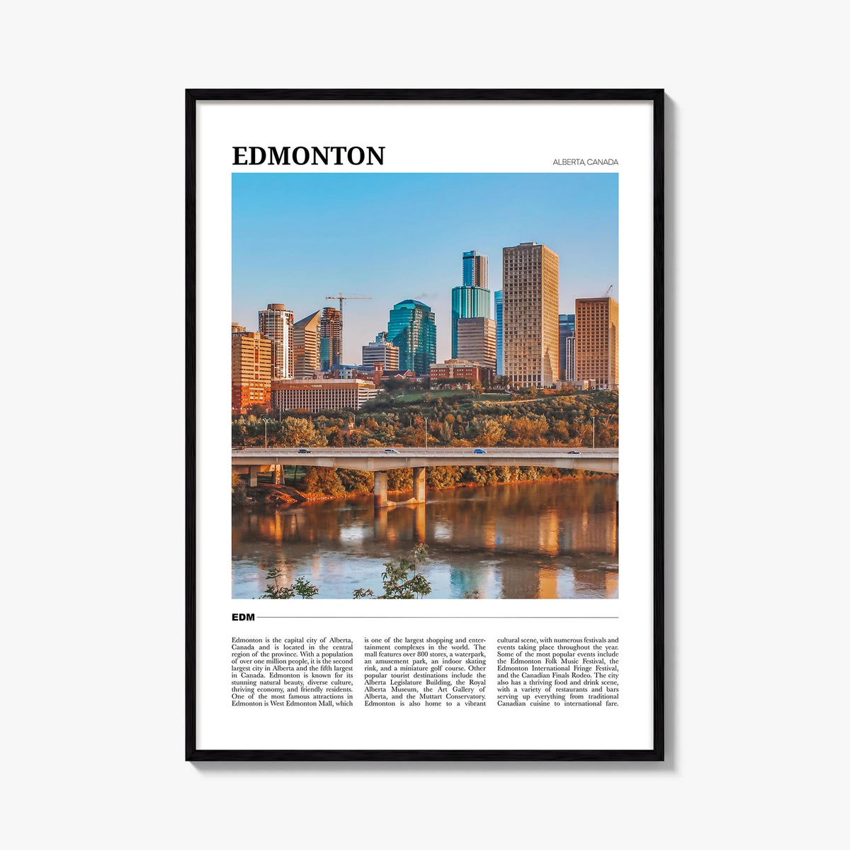 Edmonton no. 2 colorful travel poster of Alberta, Canada – vertical wall art, unframed print shown in interior mockup