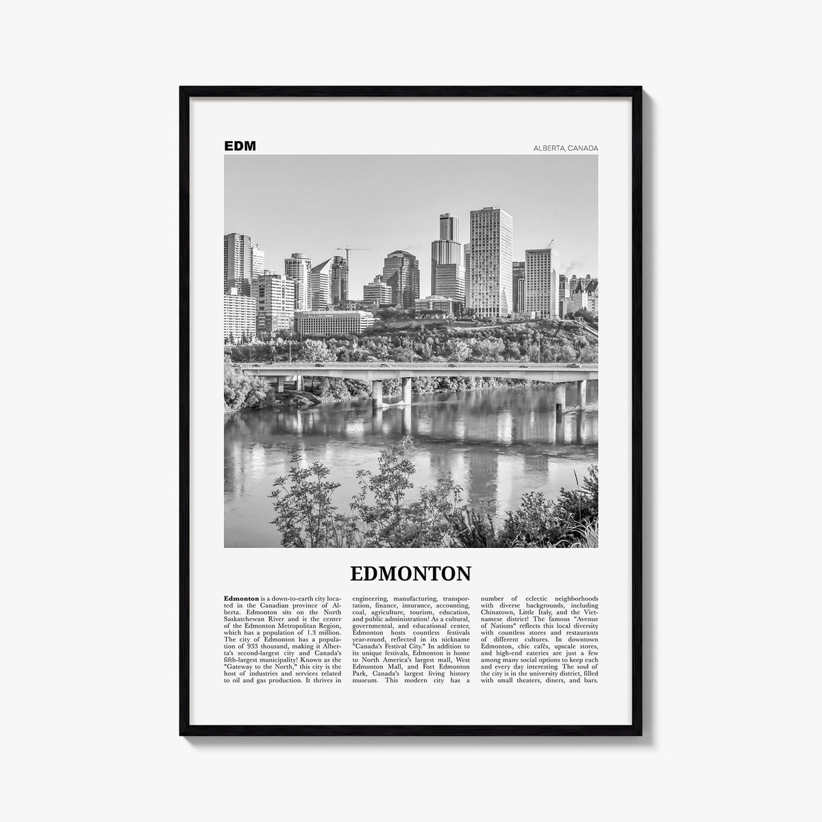Edmonton no. 3 black & white newspaper poster of Alberta, Canada – vertical wall art, unframed print shown in interior mockup