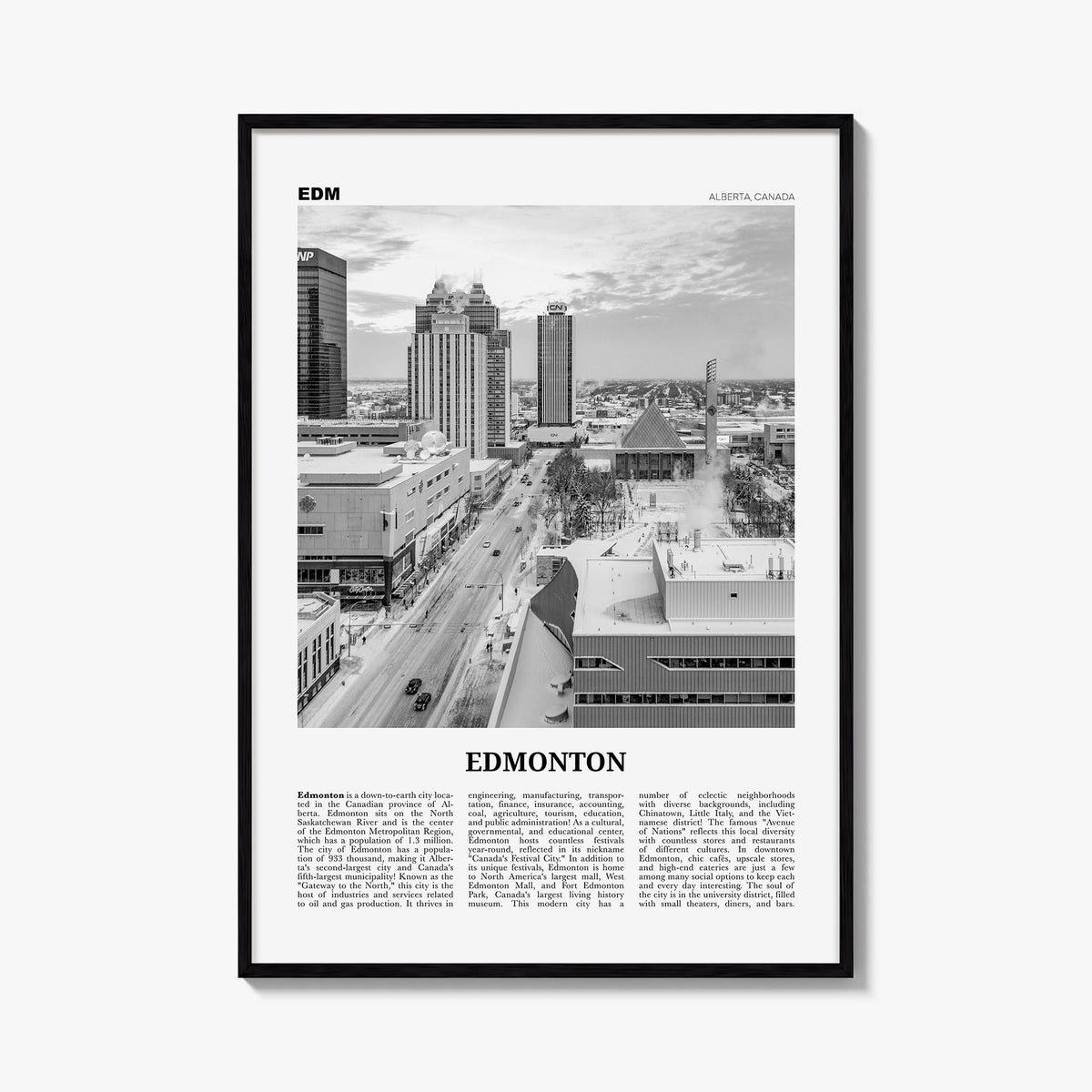 Edmonton no. 4 black & white newspaper poster of Alberta, Canada – vertical wall art, unframed print shown in interior mockup