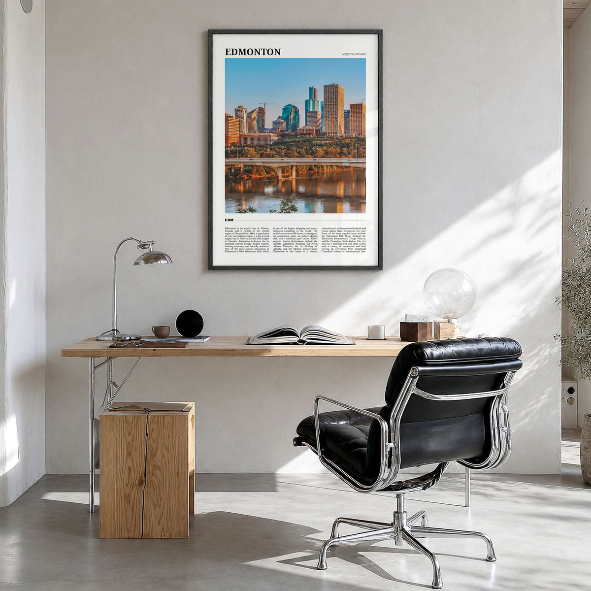 Edmonton Travel No 2 Poster in a black wood frame, hanging in a bright home office