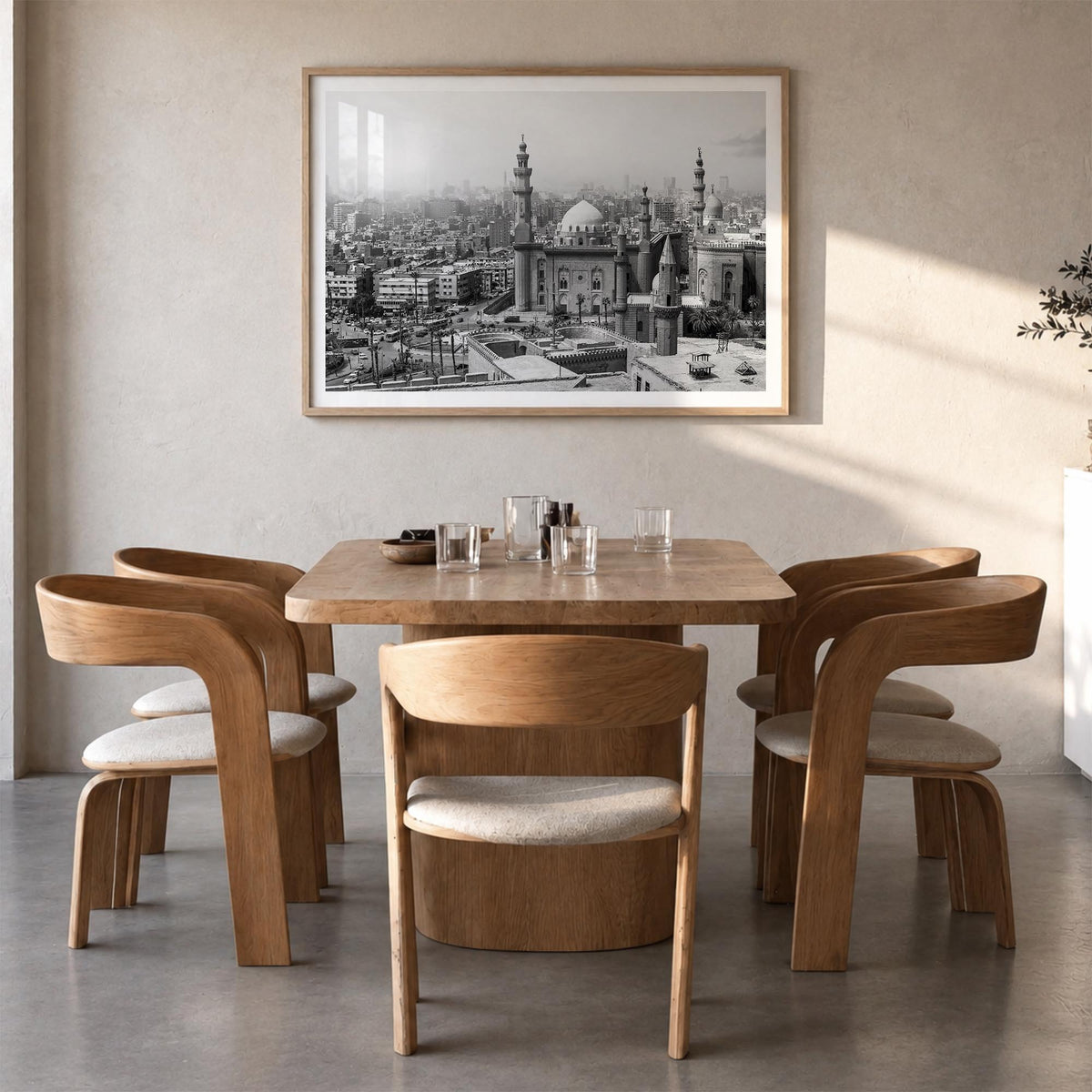 Egypt black & white photo poster of Africa – horizontal wall art in natural wood frame with white border, hanging on wall