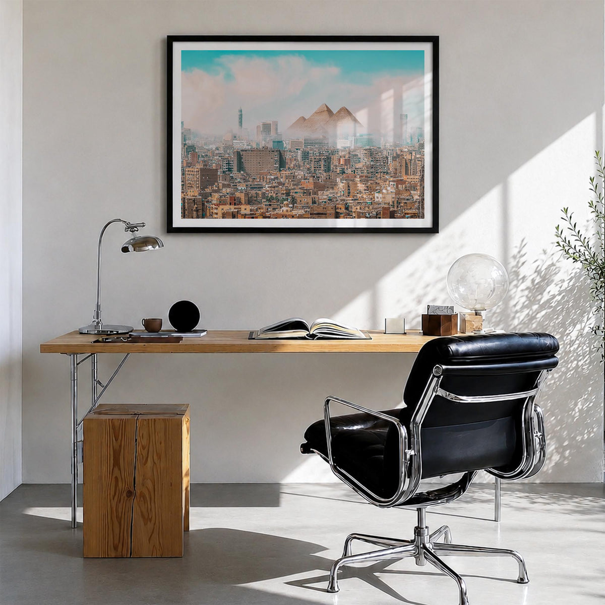Egypt colorful photo poster of Africa – horizontal wall art in black wood frame with white border, hanging on wall