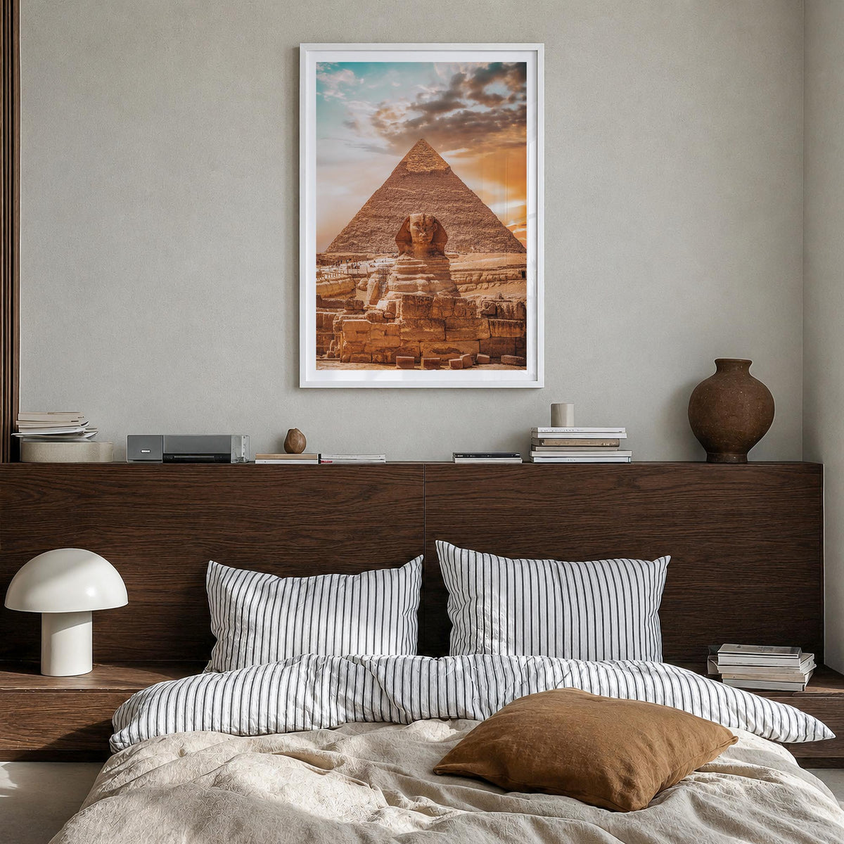 Egypt colorful photo poster of Africa – vertical wall art in white wood frame with white border, hanging on wall