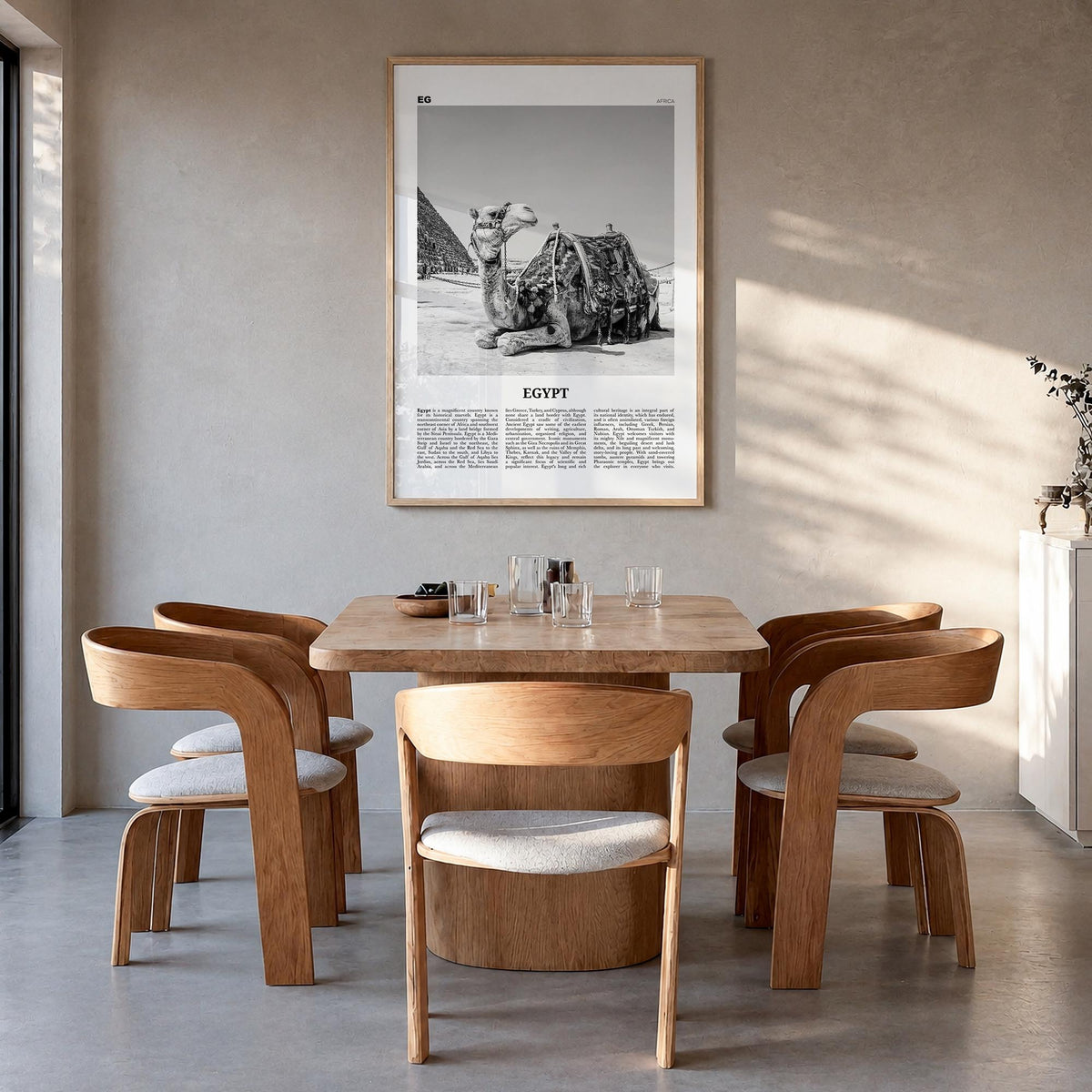 Egypt no. 2 black & white newspaper poster of Africa – vertical wall art in natural wood frame, hanging on wall