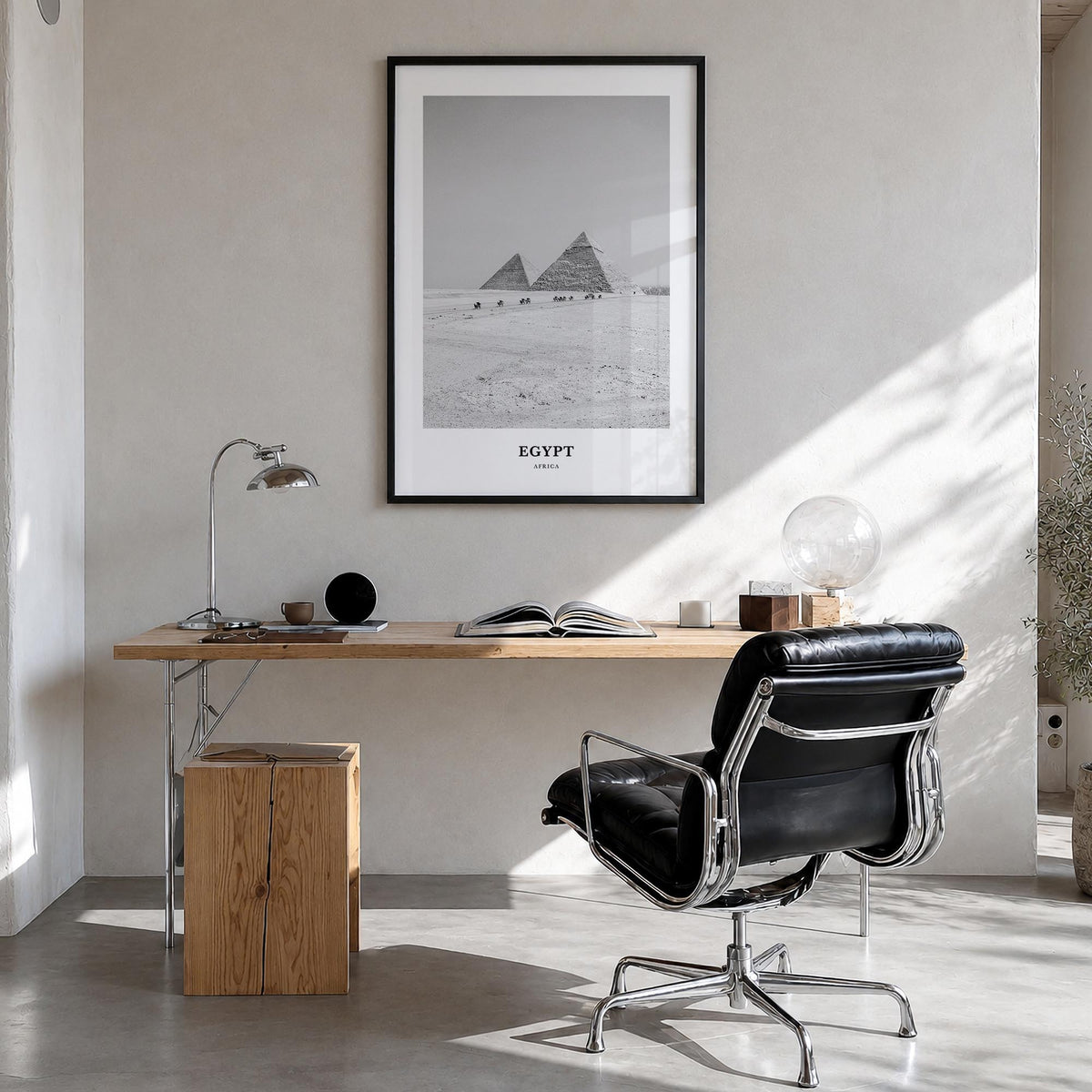 Egypt no. 3 black & white classic poster of Africa – vertical wall art in black wood frame, hanging on wall