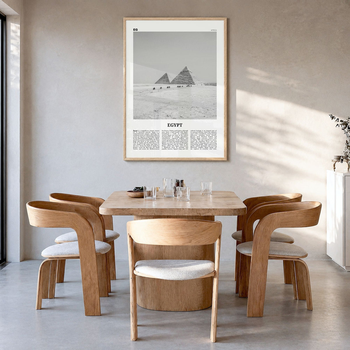 Egypt Newspaper No 3 Poster in a natural wood frame, hanging in a dining room