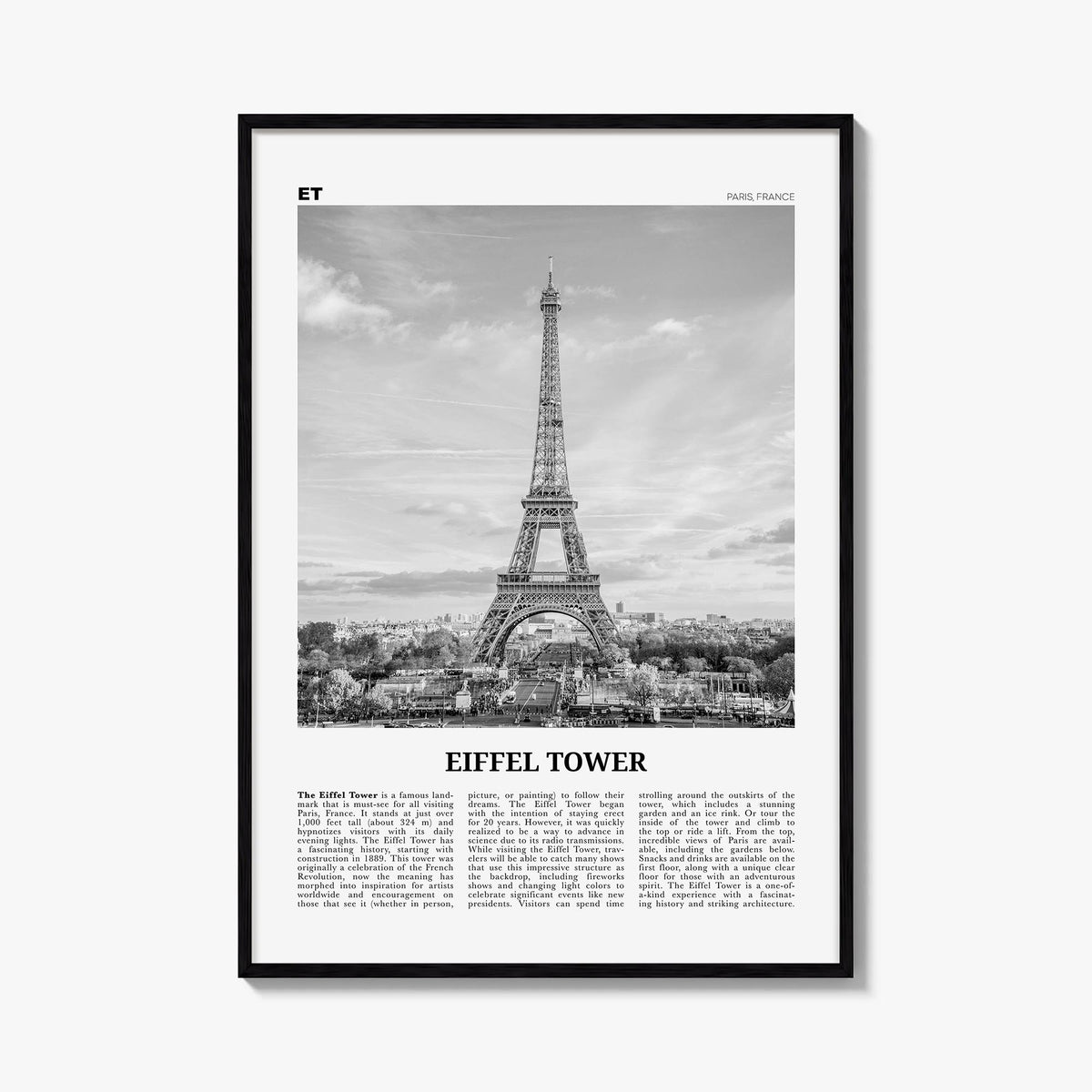 Eiffel Tower black & white newspaper poster of France – vertical wall art, unframed print shown in interior mockup