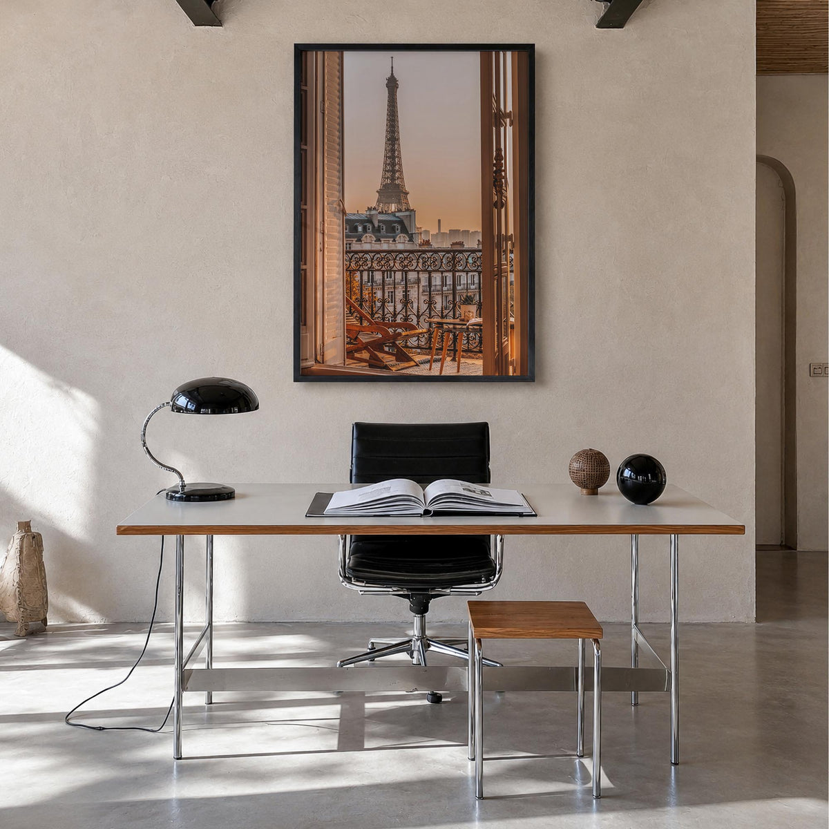 Eiffel Tower no. 2 colorful photo poster of France – vertical wall art in black wood frame, hanging on wall
