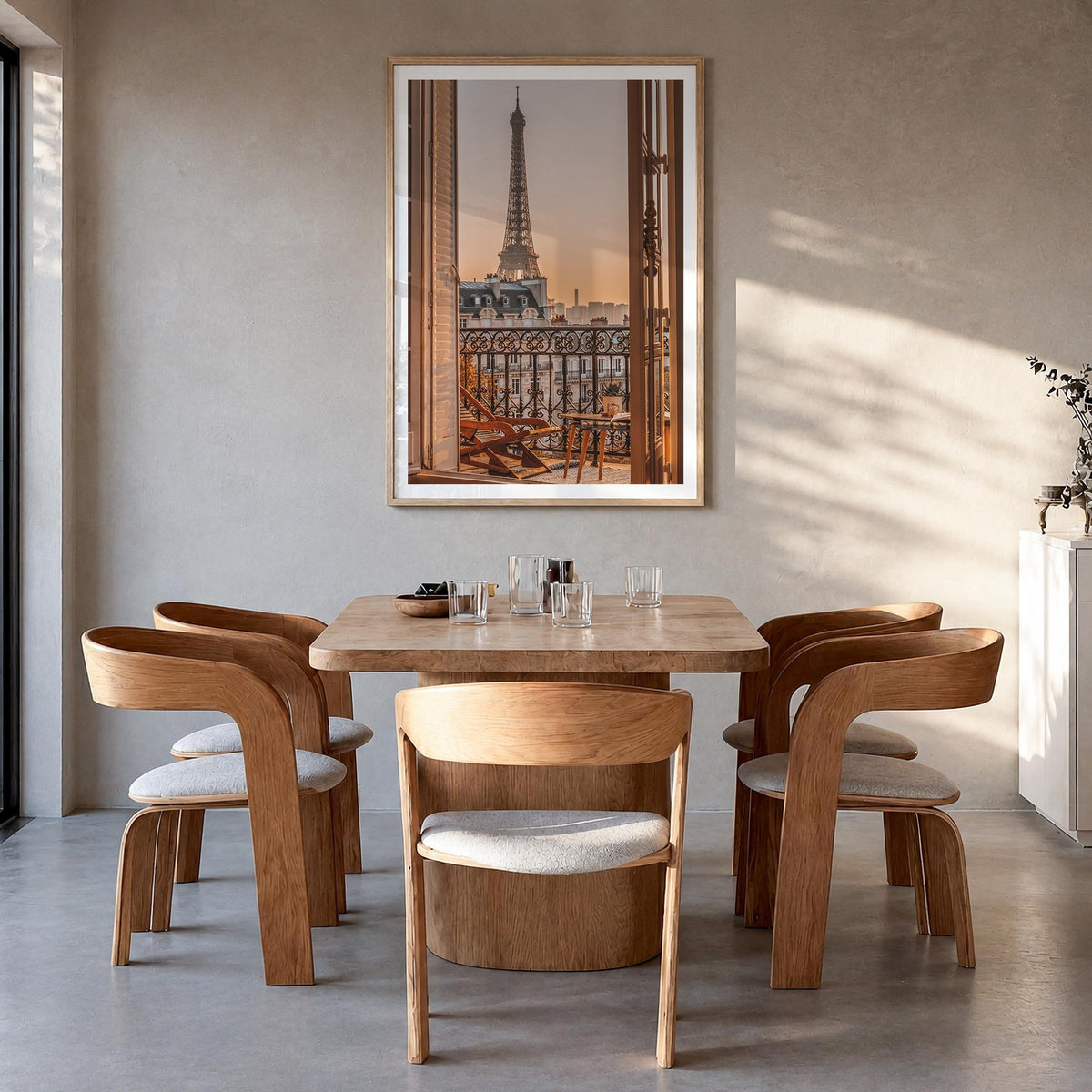Eiffel Tower no. 2 colorful photo poster of France – vertical wall art in natural wood frame with white border, hanging on wa