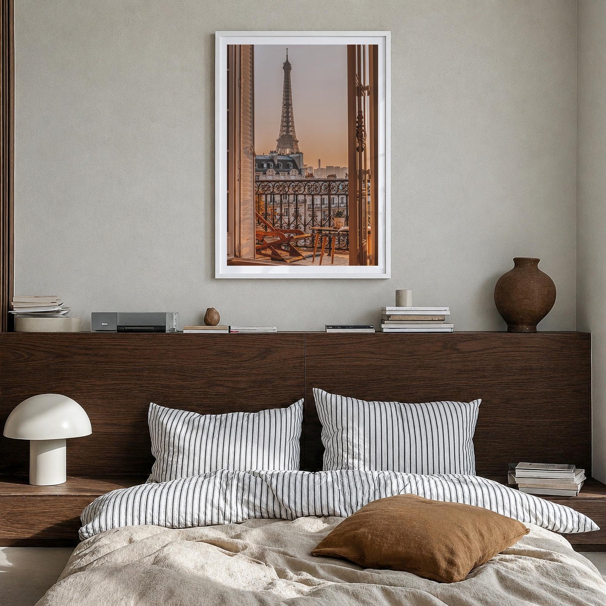 Eiffel Tower no. 2 colorful photo poster of France – vertical wall art in white wood frame with white border, hanging on wall