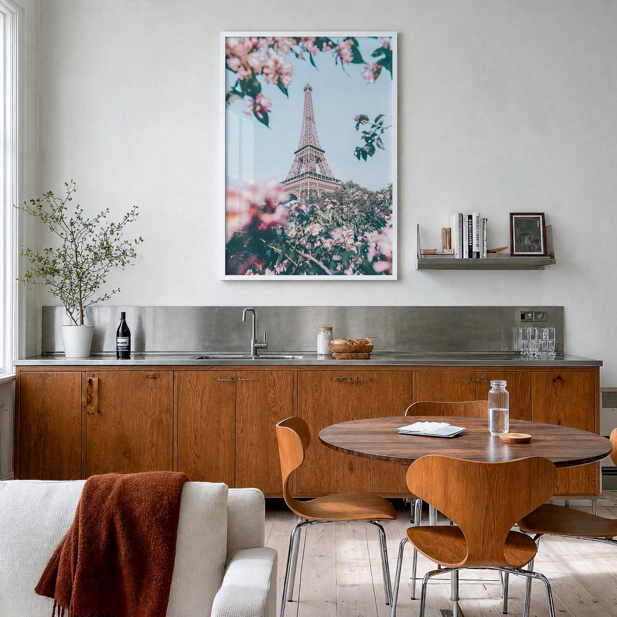 Eiffel Tower no. 3 colorful photo poster of France – vertical wall art in white wood frame, hanging on wall