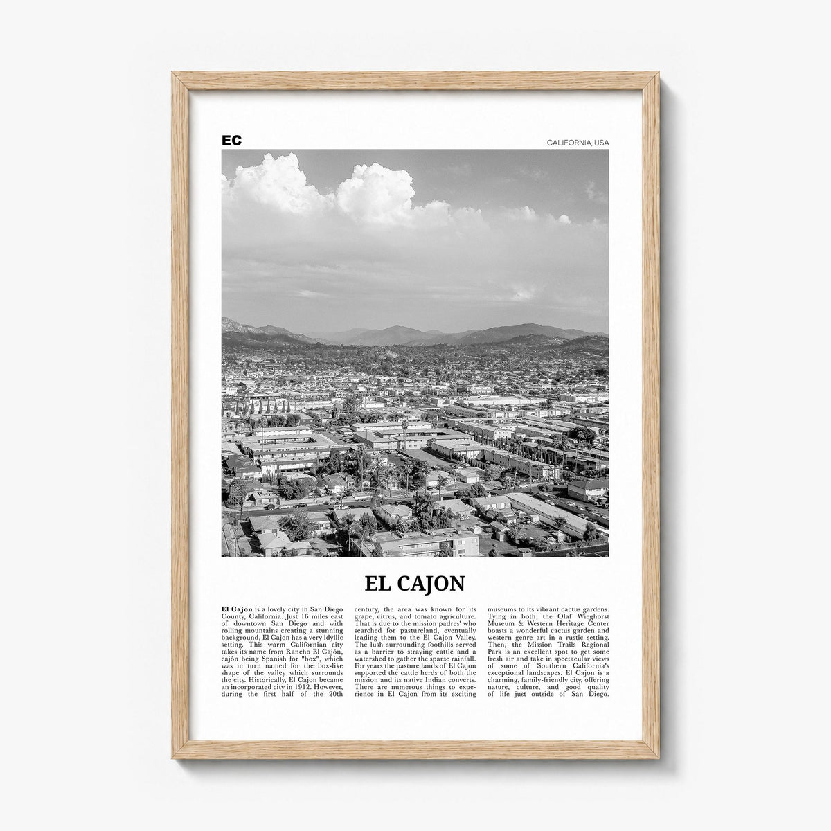 El Cajon Newspaper Poster in a natural wood frame