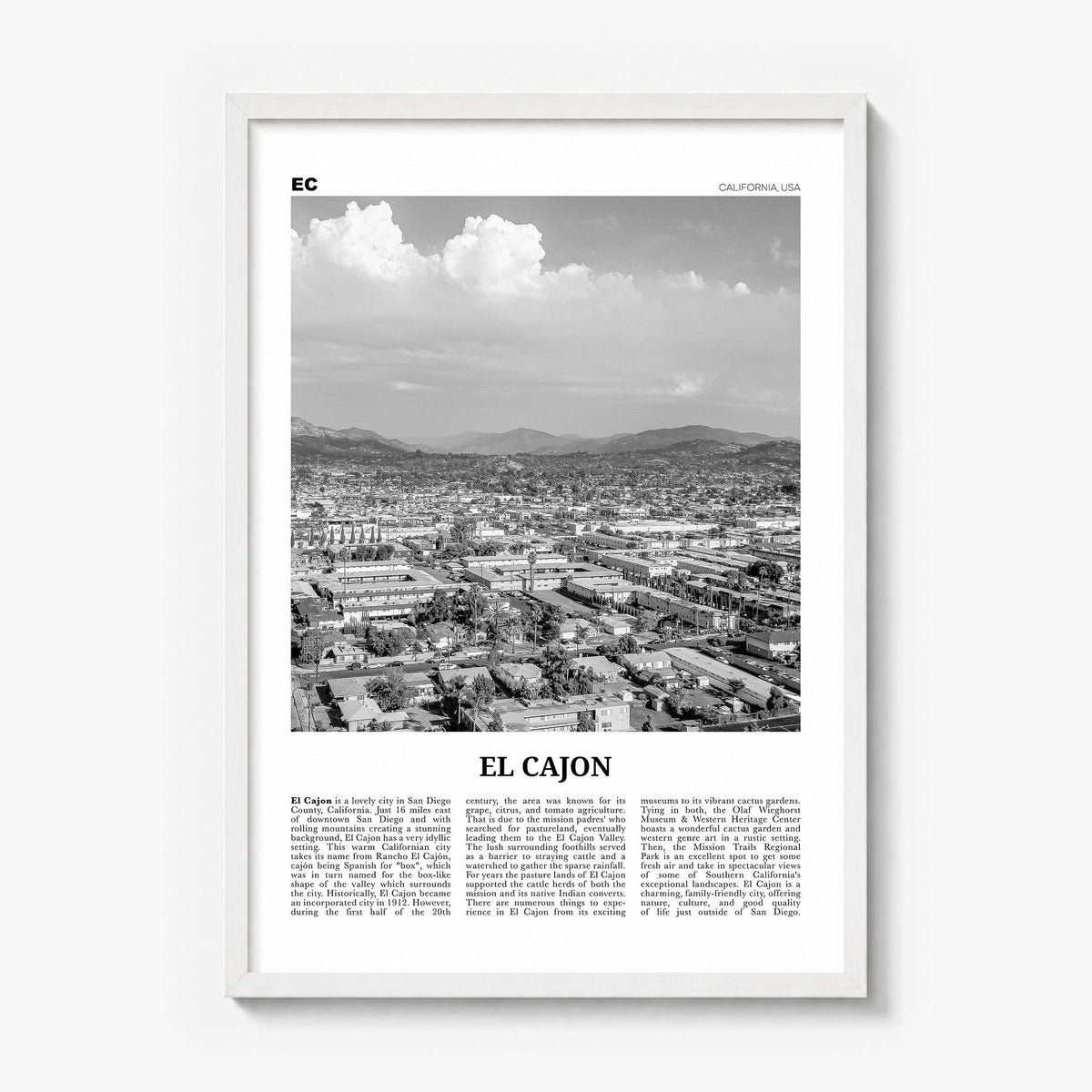 El Cajon Newspaper Poster in a white wood frame