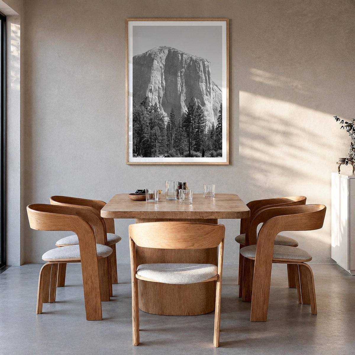 El Capitan black & white photo poster of Yosemite, California – vertical wall art in natural wood frame with white border, ha