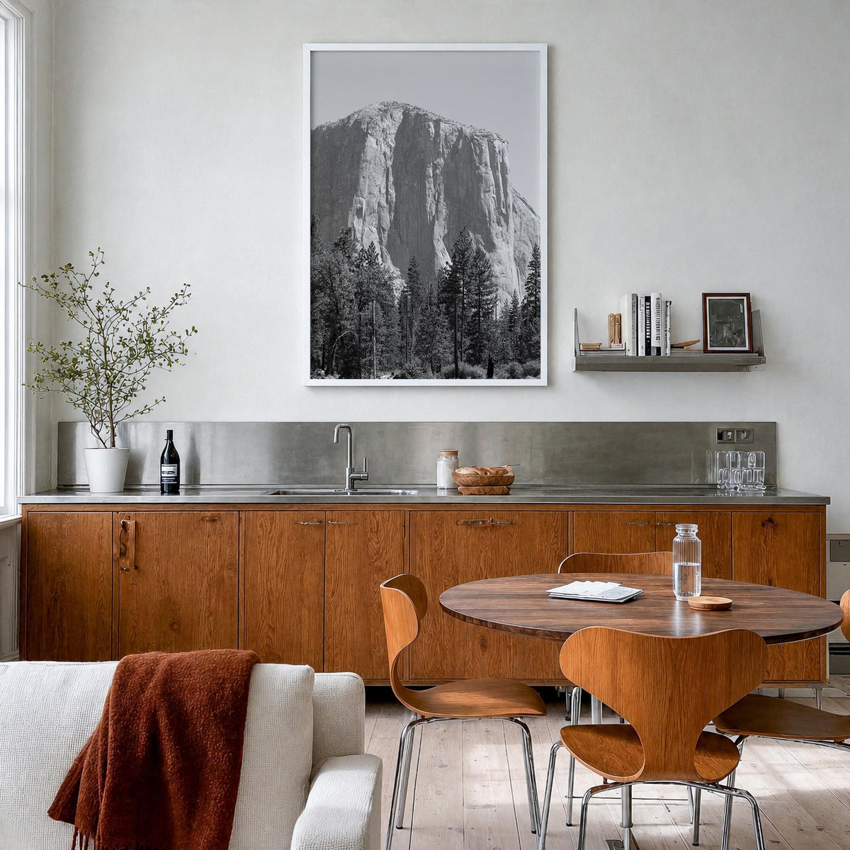 El Capitan black & white photo poster of Yosemite, California – vertical wall art in white wood frame, hanging on wall