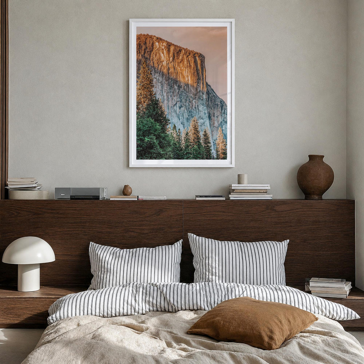 El Capitan colorful photo poster of Yosemite, California – vertical wall art in white wood frame with white border, hanging o