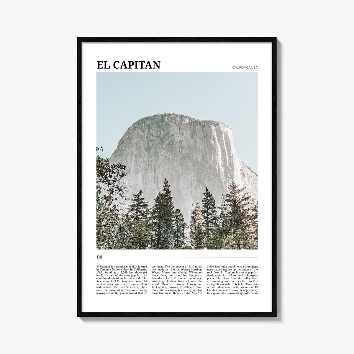 El Capitan colorful travel poster of Yosemite, California – vertical wall art, unframed print shown in interior mockup