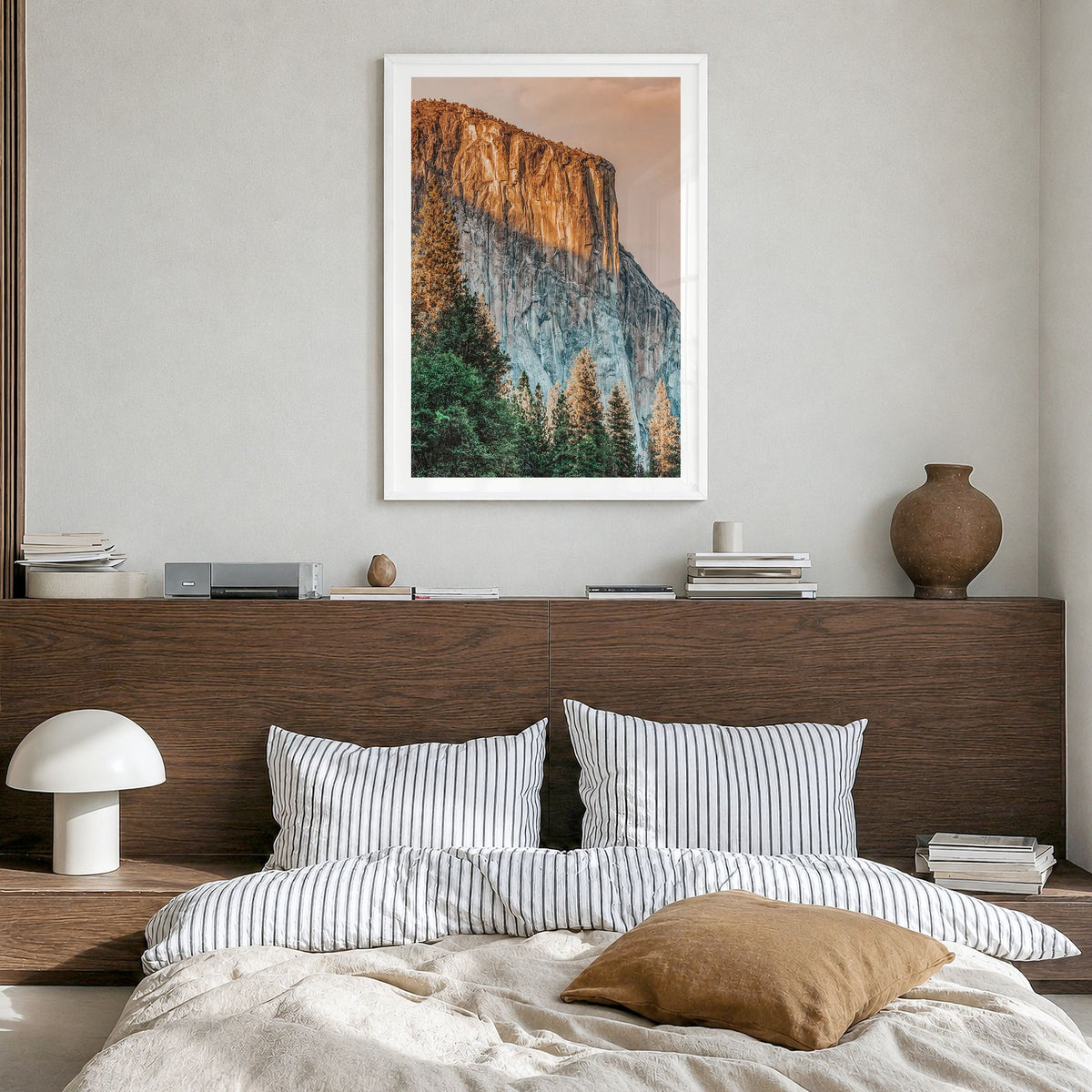 El Capitan Photo Poster in a white wood frame, hanging in a bedroom, white border