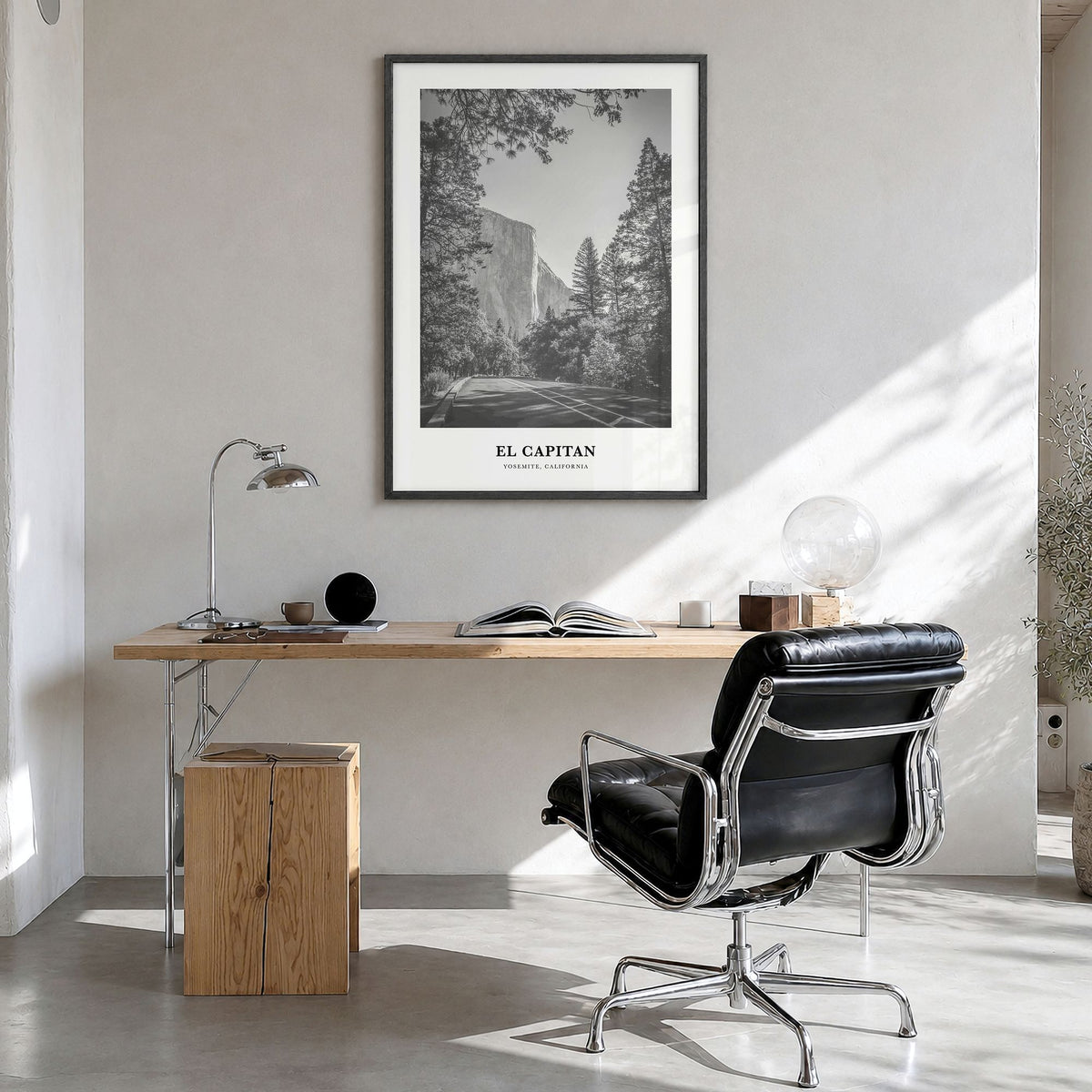 El Capitan Classic Poster in a black wood frame, hanging in a bright home office