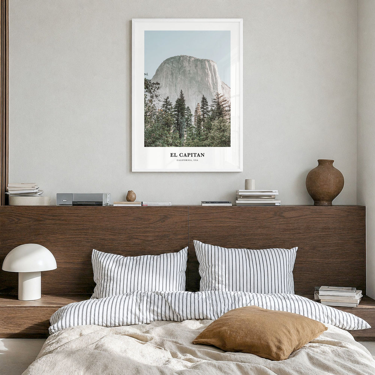 El Capitan Classic Poster in a white wood frame, hanging in a bedroom