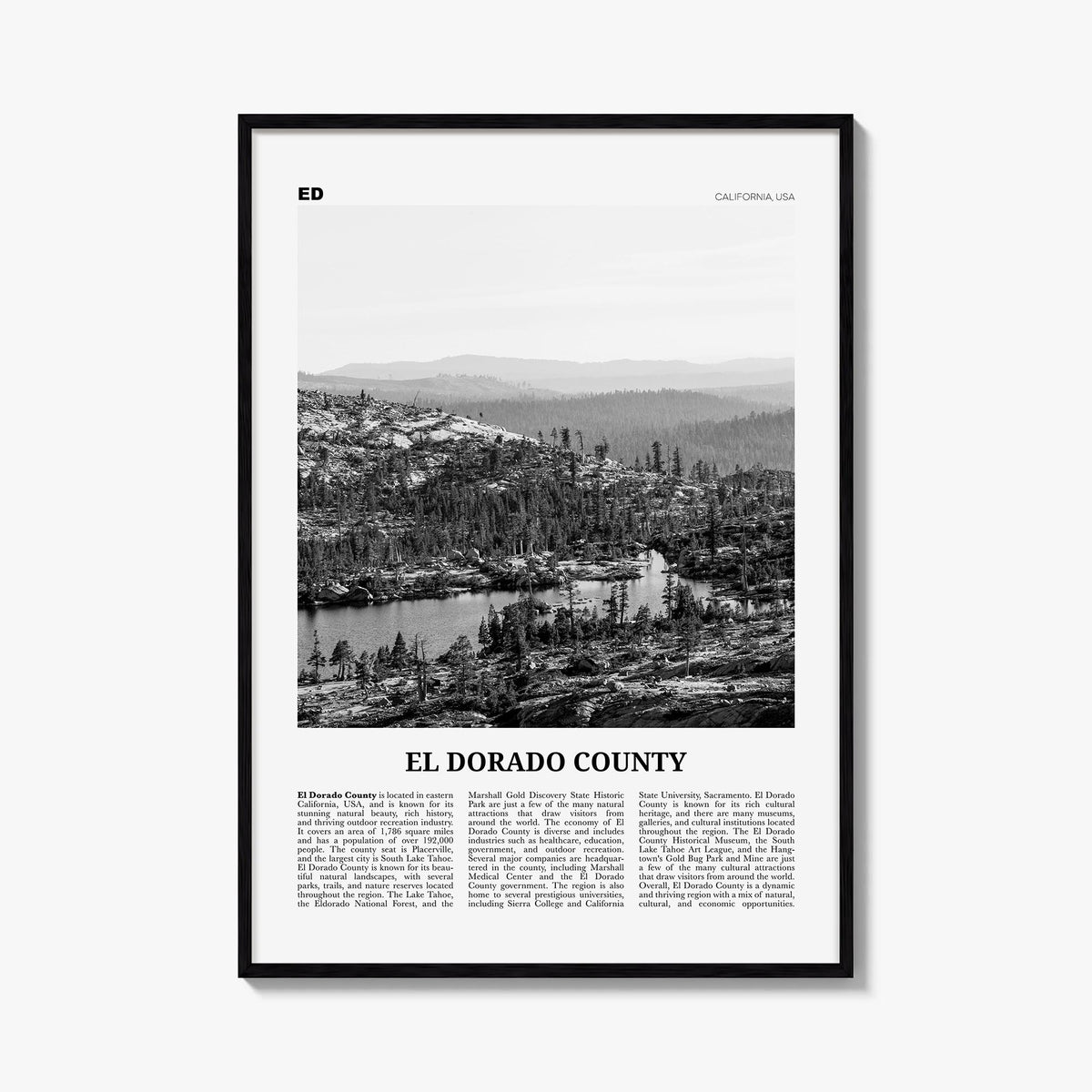 El Dorado County black & white newspaper poster of California, USA – vertical wall art, unframed print shown in interior mock