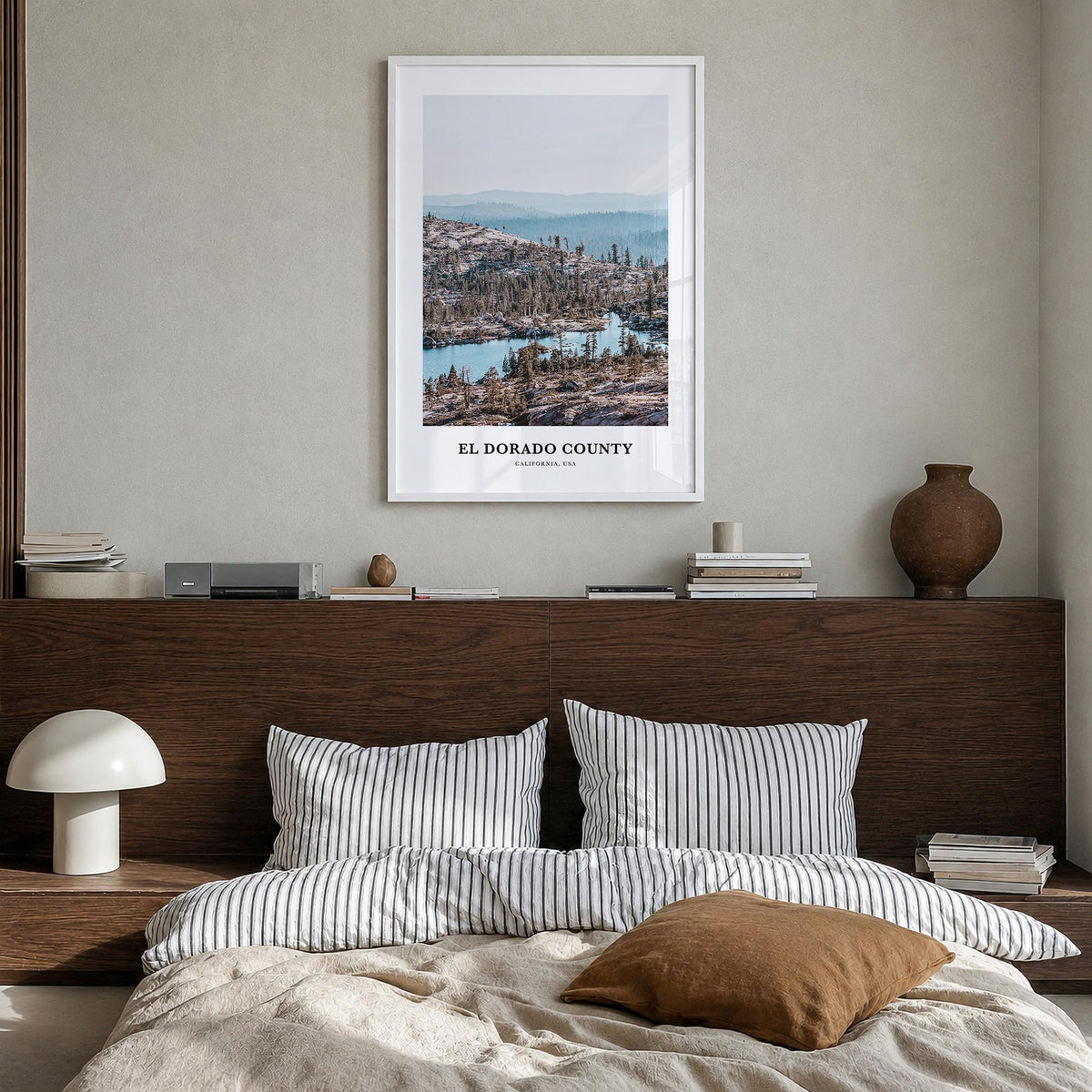 El Dorado County colorful classic poster of California, USA – vertical wall art in white wood frame, hanging on wall
