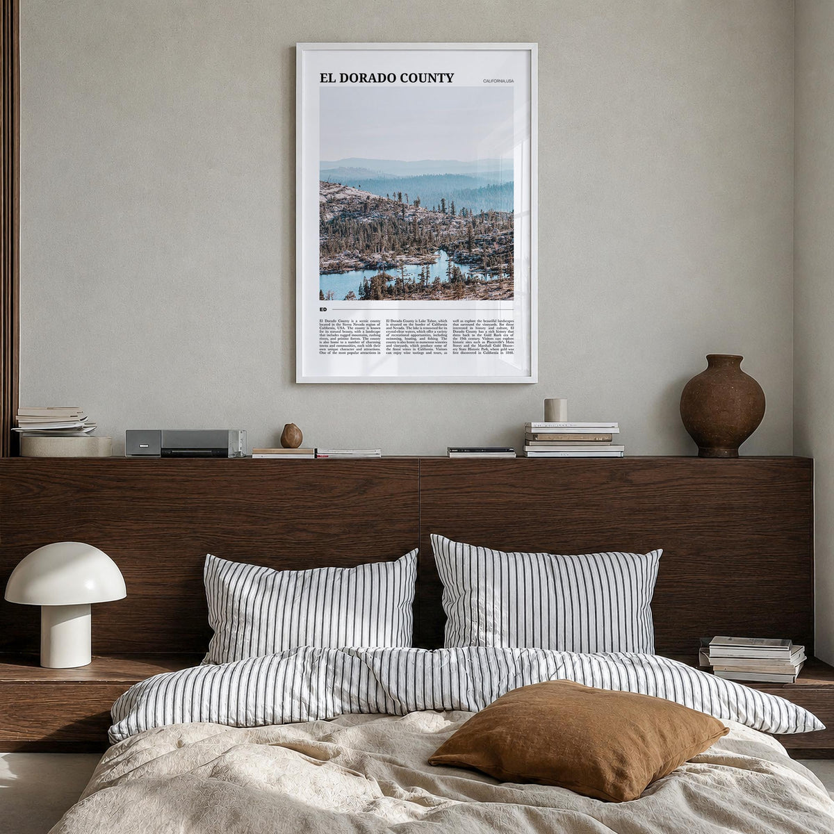 El Dorado County colorful travel poster of California, USA – vertical wall art in white wood frame, hanging on wall