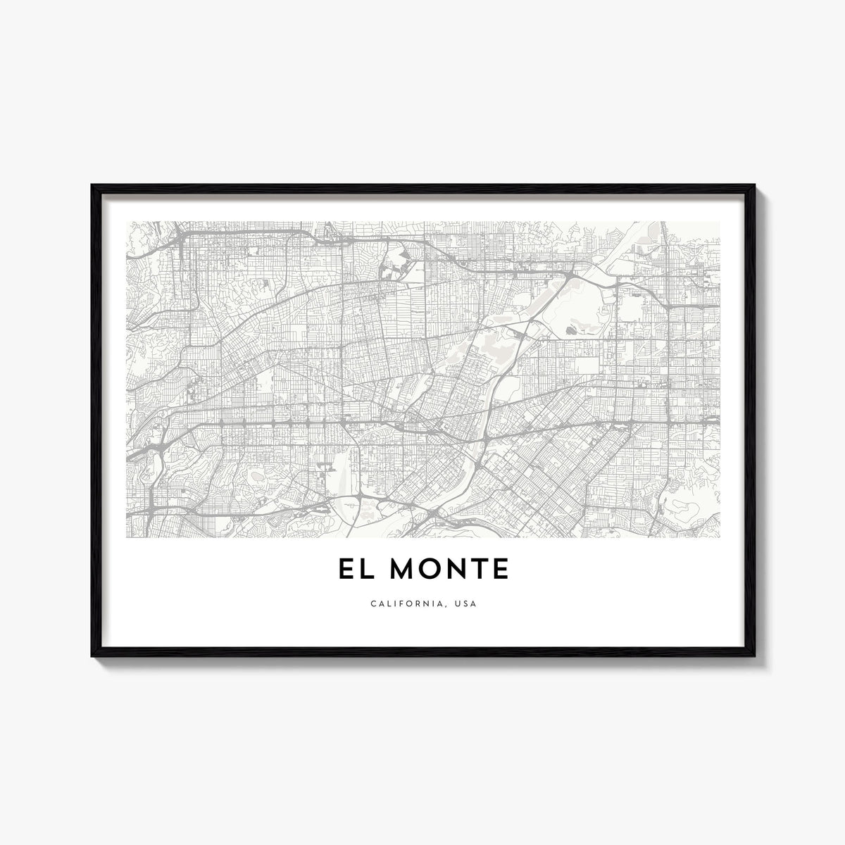El Monte black & white map poster of California, USA – horizontal wall art, unframed print shown in interior mockup
