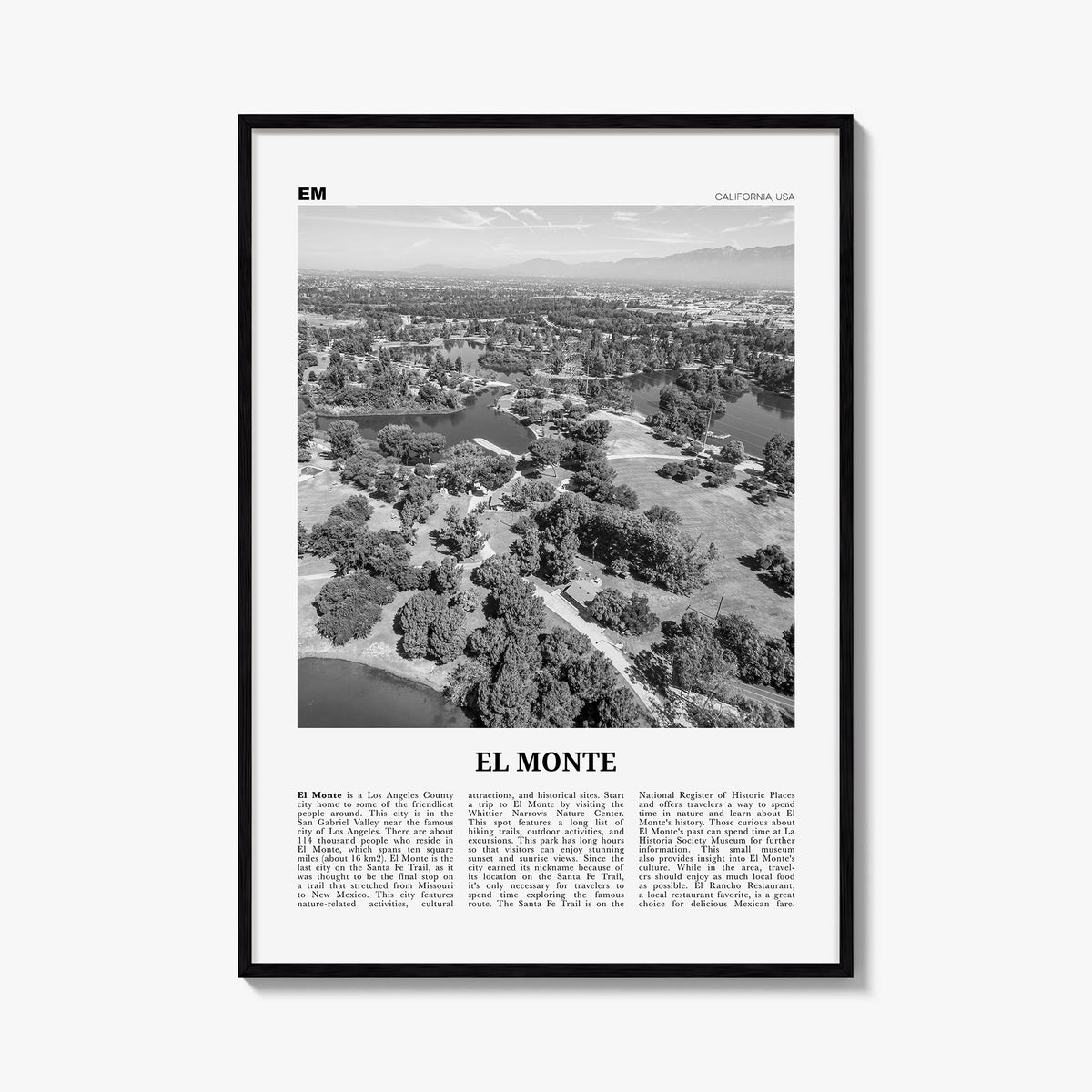 El Monte no. 1 black & white newspaper poster of California, USA – vertical wall art, unframed print shown in interior mockup