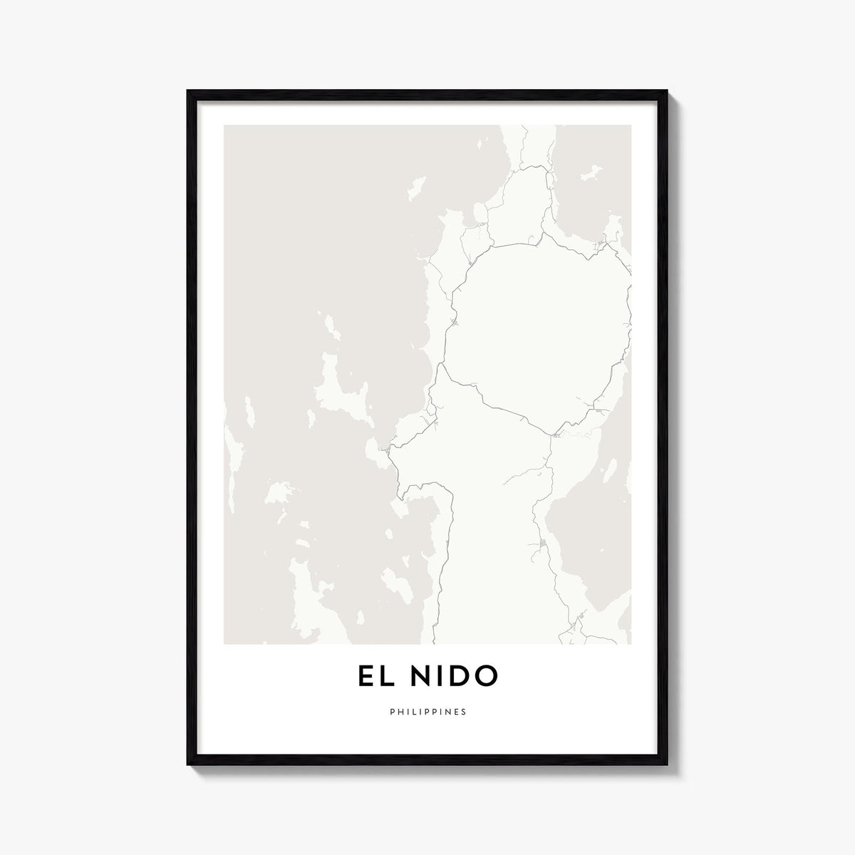 El Nido black & white map poster of Philippines – vertical wall art, unframed print shown in interior mockup