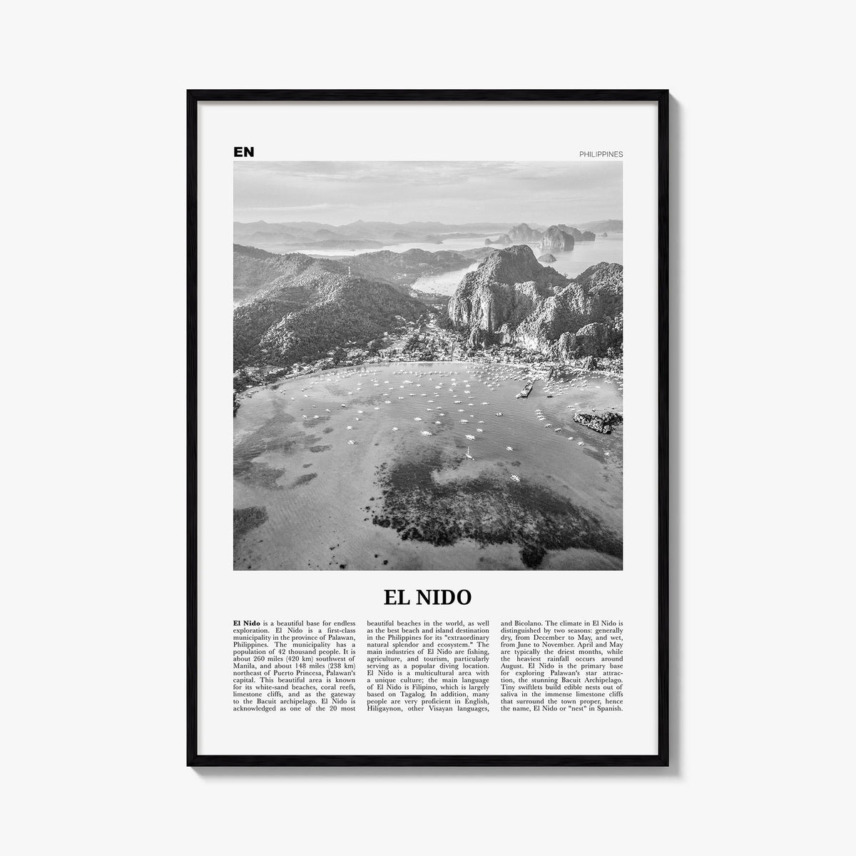 El Nido black & white newspaper poster of Philippines – vertical wall art, unframed print shown in interior mockup