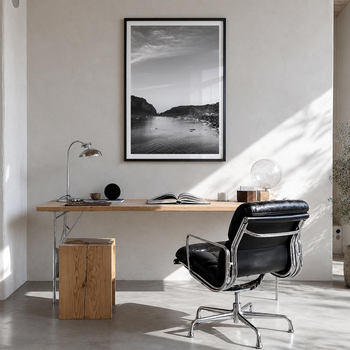 El Nido black & white photo poster of Philippines – vertical wall art in black wood frame with white border, hanging on wall