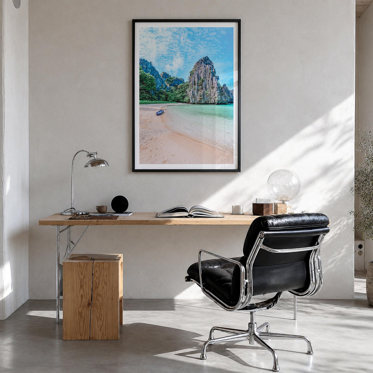El Nido colorful photo poster of Philippines – vertical wall art in black wood frame with white border, hanging on wall