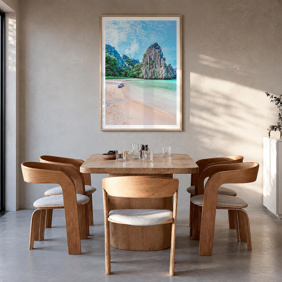 El Nido colorful photo poster of Philippines – vertical wall art in natural wood frame with white border, hanging on wall