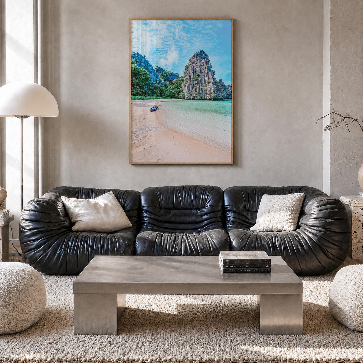 El Nido colorful photo poster of Philippines – vertical wall art in natural wood frame, hanging on wall