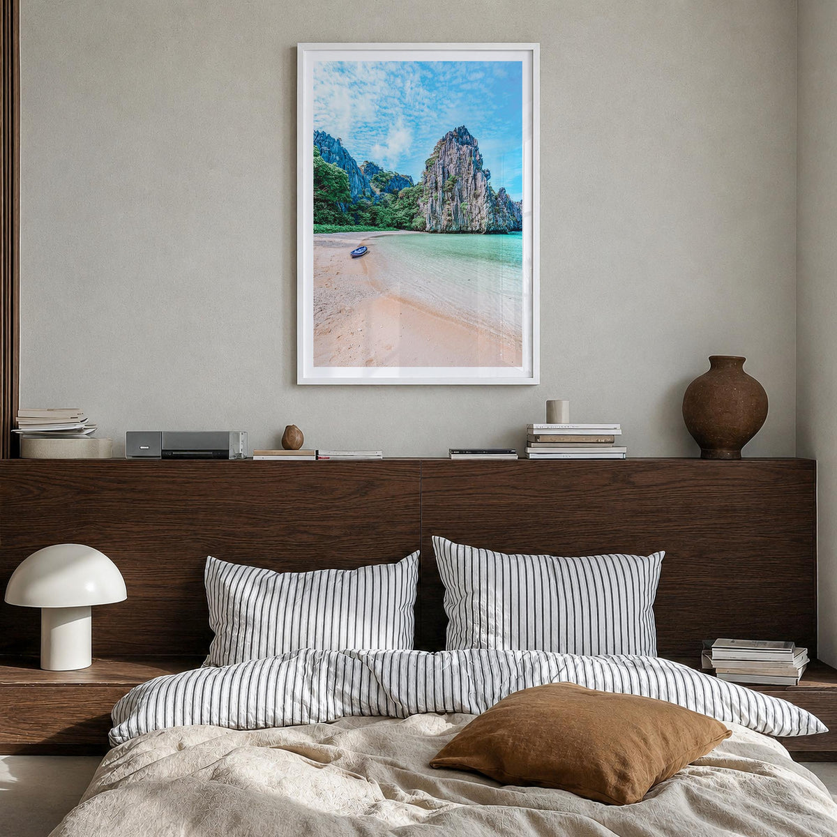 El Nido colorful photo poster of Philippines – vertical wall art in white wood frame with white border, hanging on wall