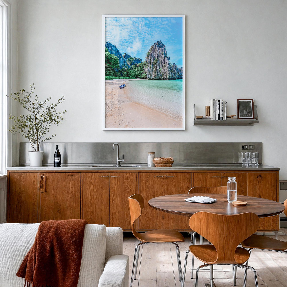 El Nido colorful photo poster of Philippines – vertical wall art in white wood frame, hanging on wall