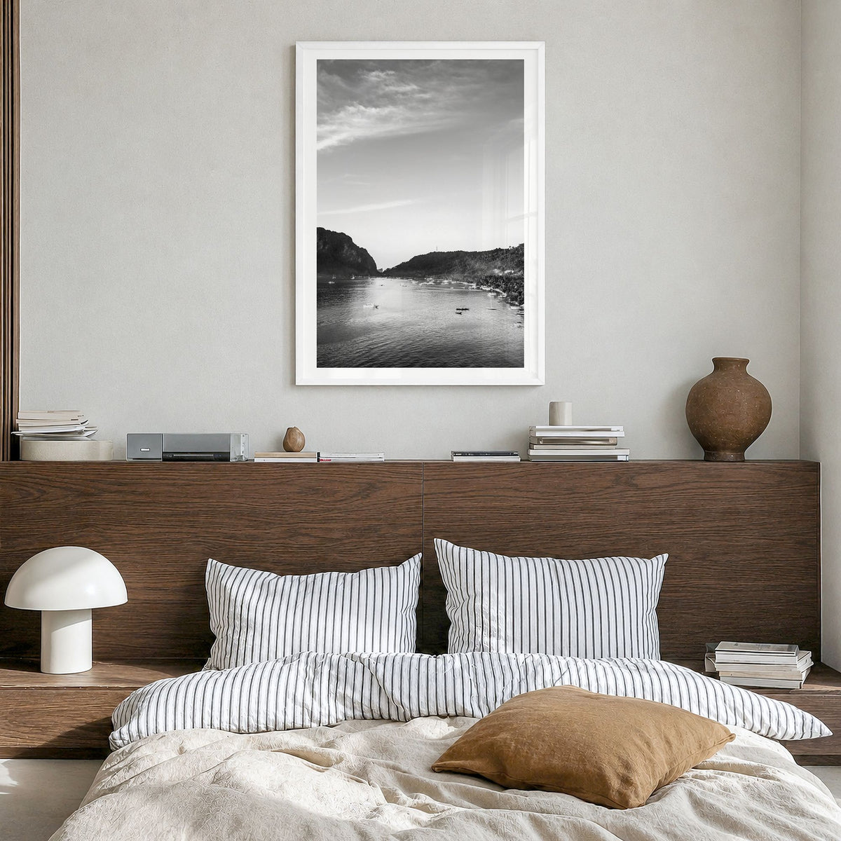 El Nido Photo Poster in a white wood frame, hanging in a bedroom, white border
