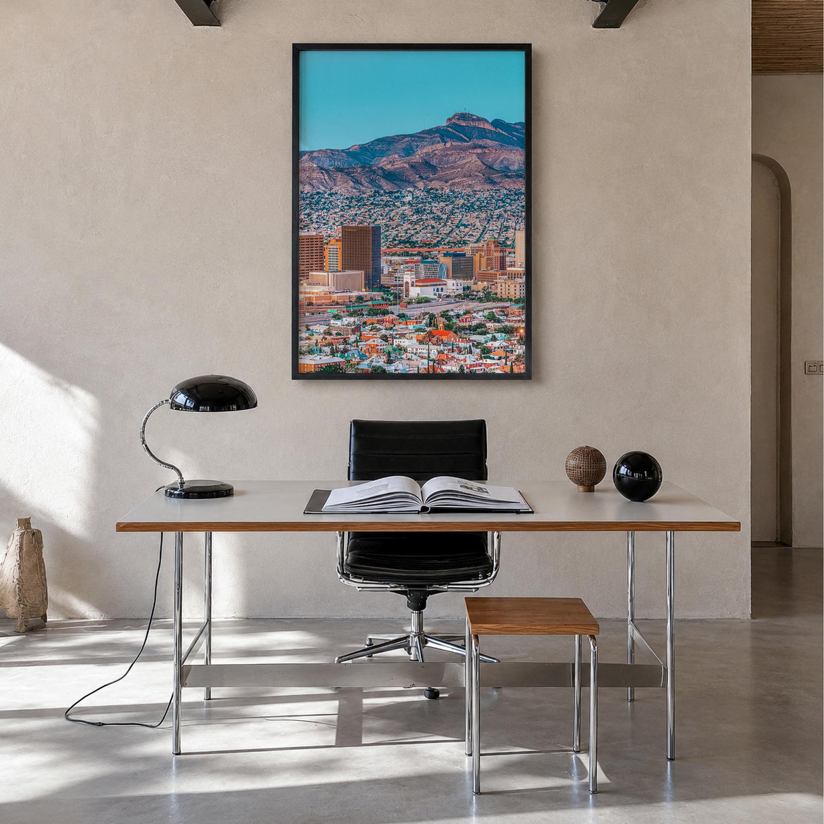 El Paso colorful photo poster of Texas, USA – vertical wall art in black wood frame, hanging on wall